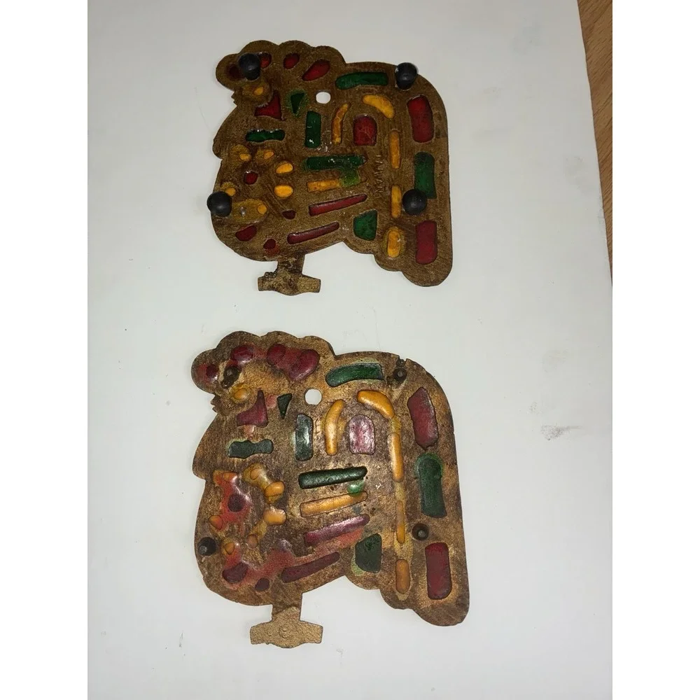 Rooster Trivet Cast Iron Stained Glass Gold‎ Tone Colorful Vintage (2)